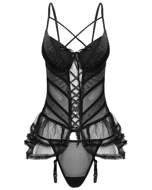 Sheer Mesh Lace Strap Babydoll With Thong